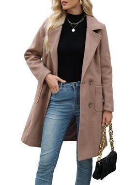 Women's Camel Winter Wool Mid-Long Notch Double-Breasted Lapel Jacket Pea Coat
